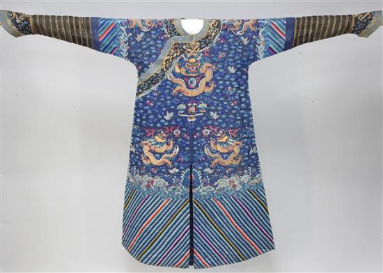 A Chinese embroidered blue silk gauze and metal thread Summer dragon robe, Jifu, 19th century,